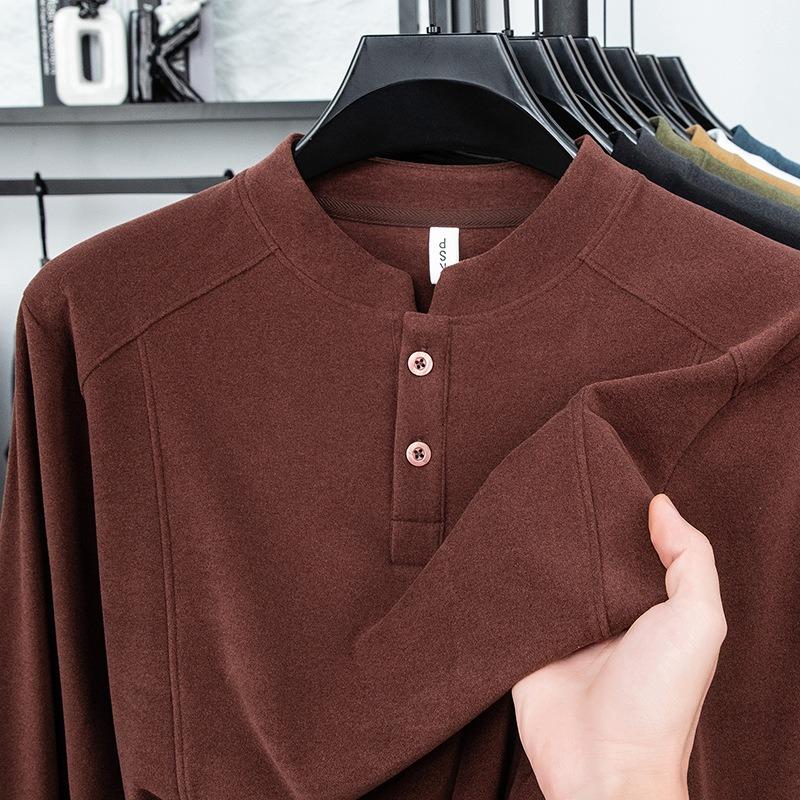 Spring Autumn Stand Collar Casual Fashion Bottomed T-shirt Male Long Sleeve Solid Color Tee Pullover Top Men