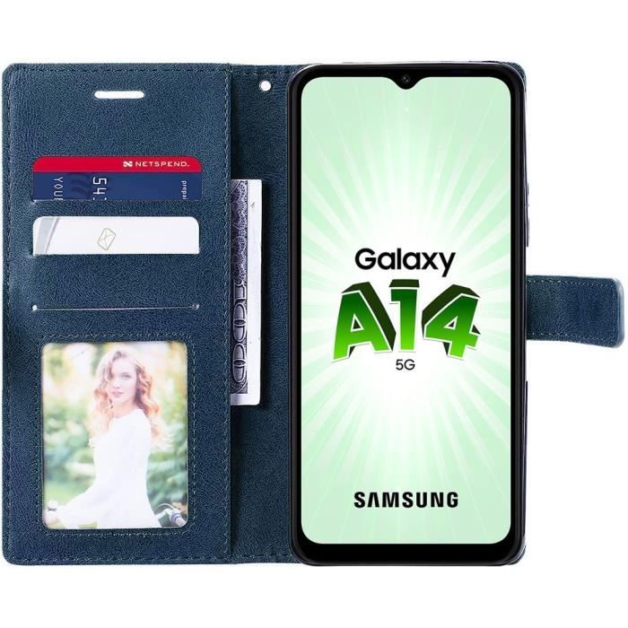 Coque pour Samsung Galaxy A14 4G/5G + 2 Verres Trempés, Effet Cuir Intégral Bleu Marine