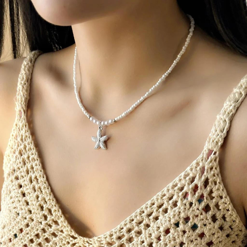 Attractive Bohemian Rice Beads Starfish Pendant Necklace for Women Handmade Imitation Pearl Beaded Choker Summer Beach Zircon