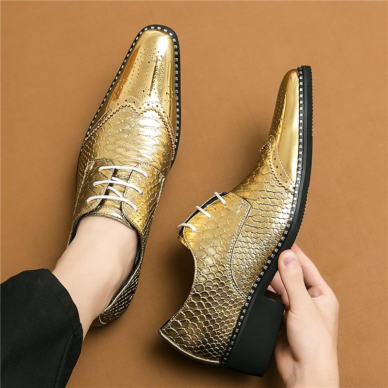 Luxury  Pointed Gold Patchwork Lace Up Brogues Shoes For Men Brand Designer Casual Loafers Formal Dress Footwear Zapatos Hombre