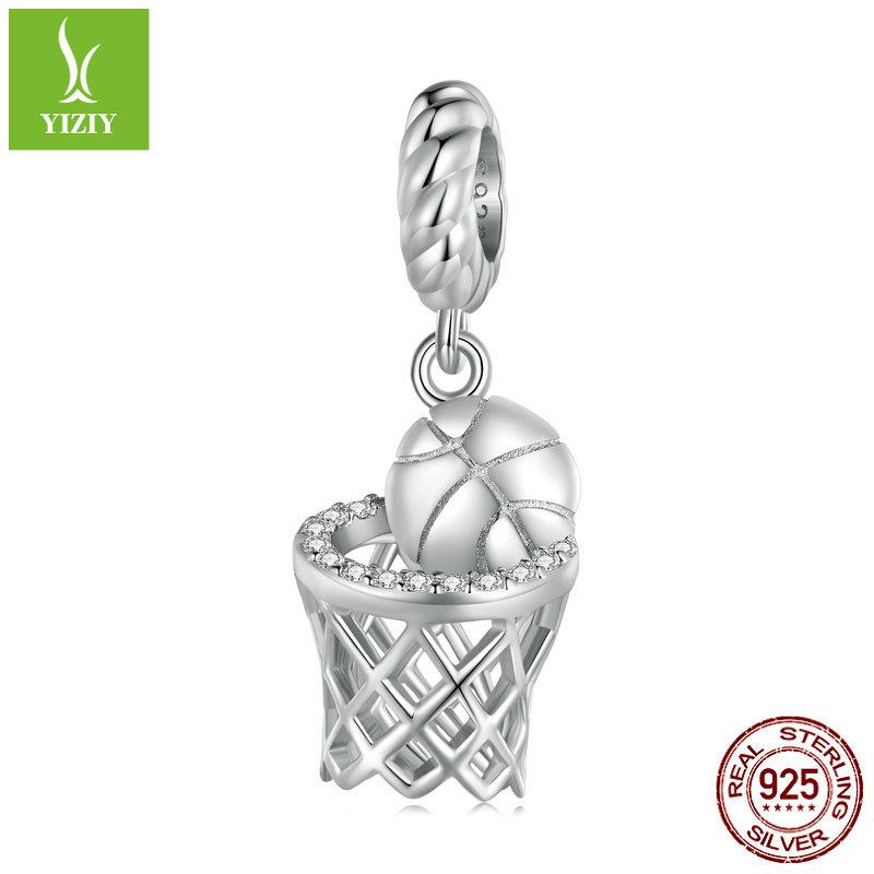 S925 Silver-Plated Platinum Basketball Pendant, Exquisite Three-Dimensional Sports Style Diy Bracelet Beaded Accessories