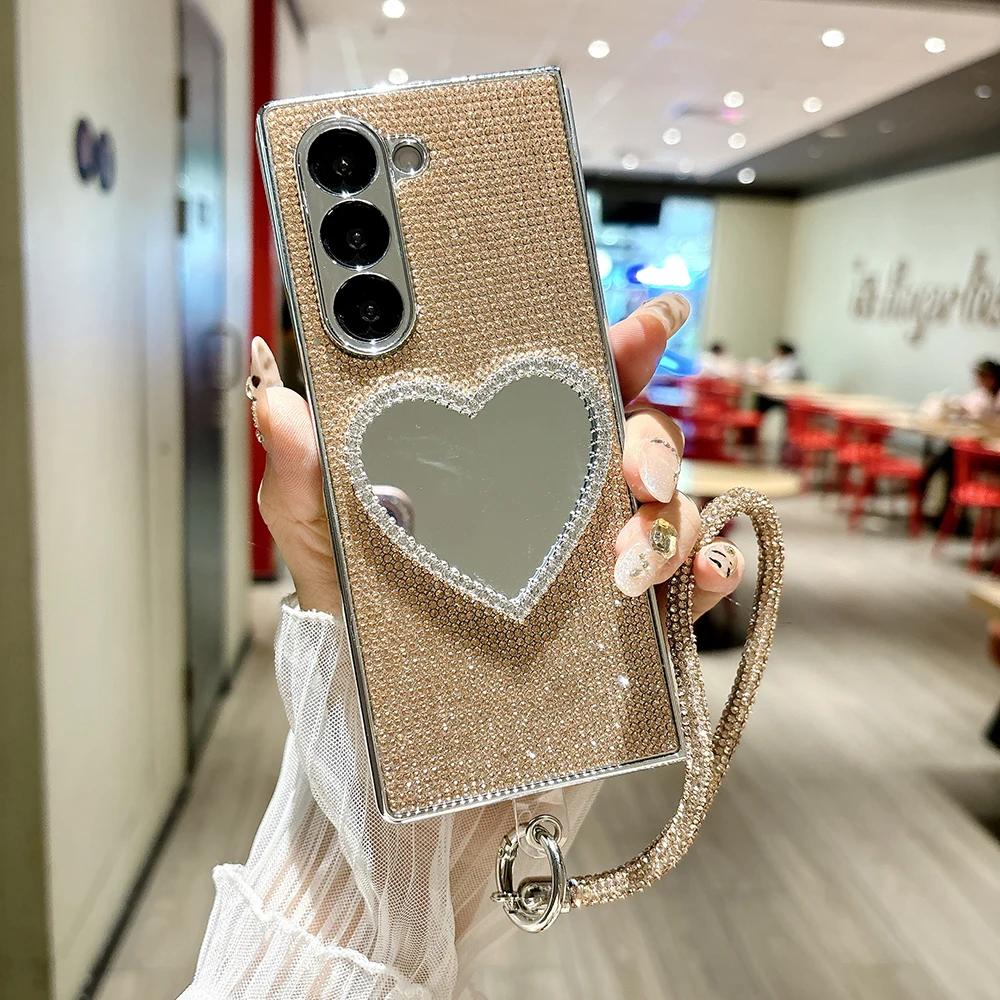 Luxuriöse Strass Hart PC Make-up Spiegel Handyhülle für Samsung Galaxy Z Fold 7 6 5 4 mit tragbarem Armband Stoßfeste Schutzhülle
