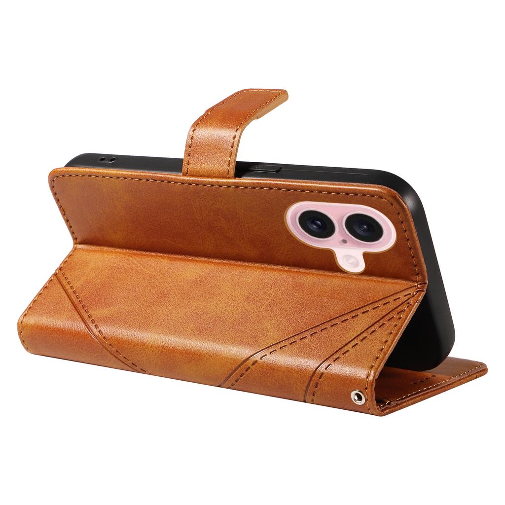 For iPhone 16 Case PU Leather Protective Geometric Line Phone Cover Wrist Strap