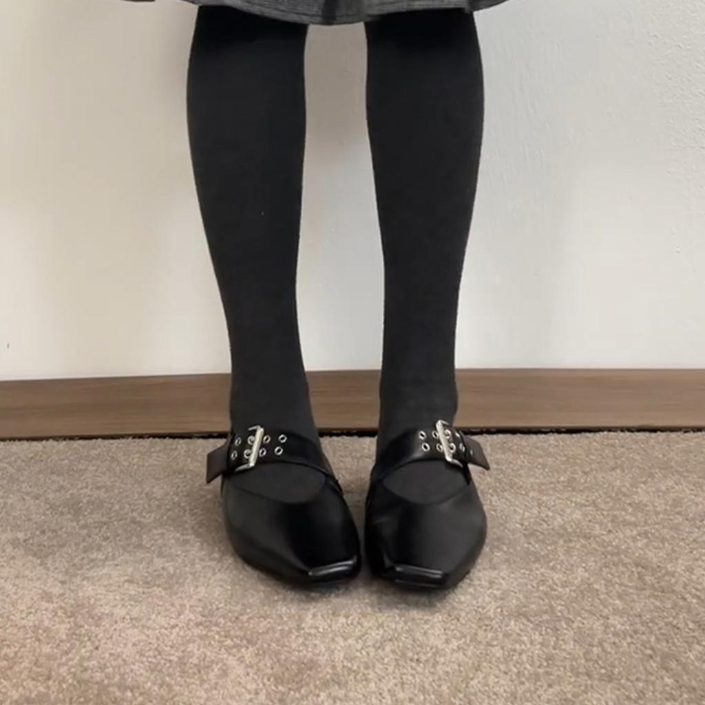 Sheepskin version~ Personalized black retro small leather shoes women's inner height increase one-word buckle square head Mary Jane shoes light m