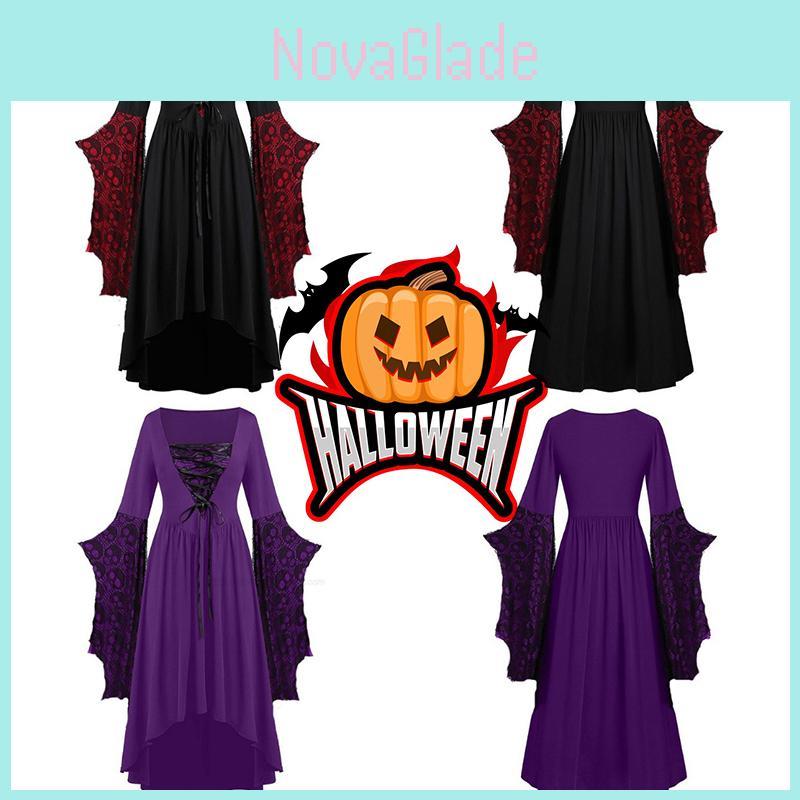 Costume da Strega Gotica Vintage Cosplay Abito Elegante Retrò Manica Lunga Fantasia Teschio Ampia Gonna Svasata