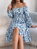 Elegant Floral Square Neck Long Sleeve Waisted Ruffled A Line Midi Dress For Women