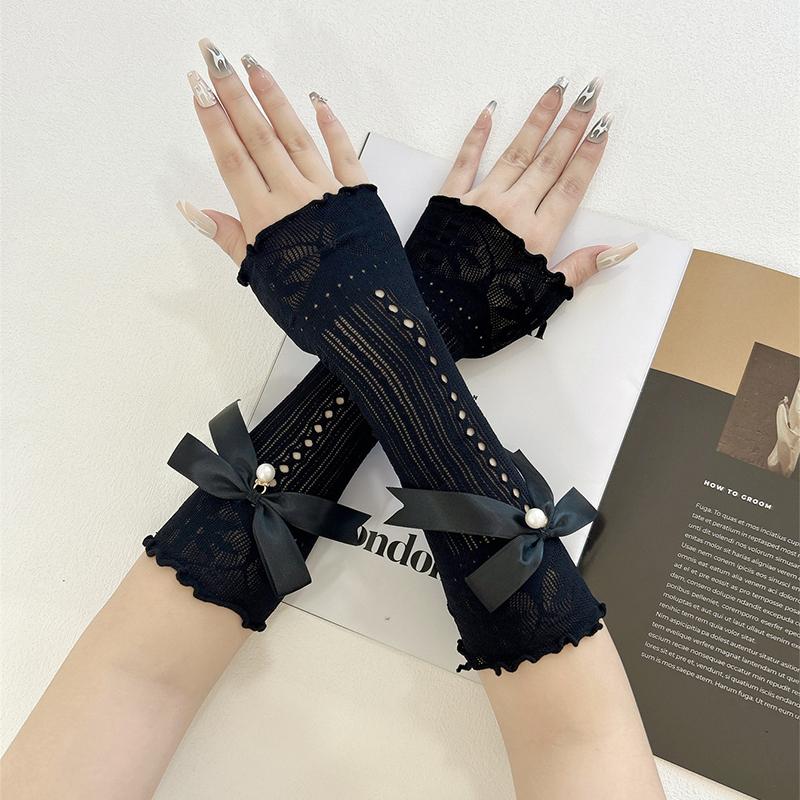 Elegant Sweet Long Bow Fingerless Gloves Women Elastic Ruffle Decorative Sleeves Outdoor Sun Protection Wrist Arm Cover
