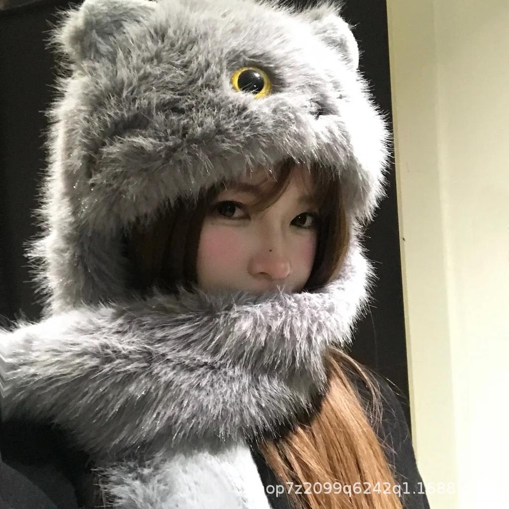 Big-eyed blue cat cute plush hat girls scarf integrated fluffy cold-proof ear protection 2025 new winter thickened
