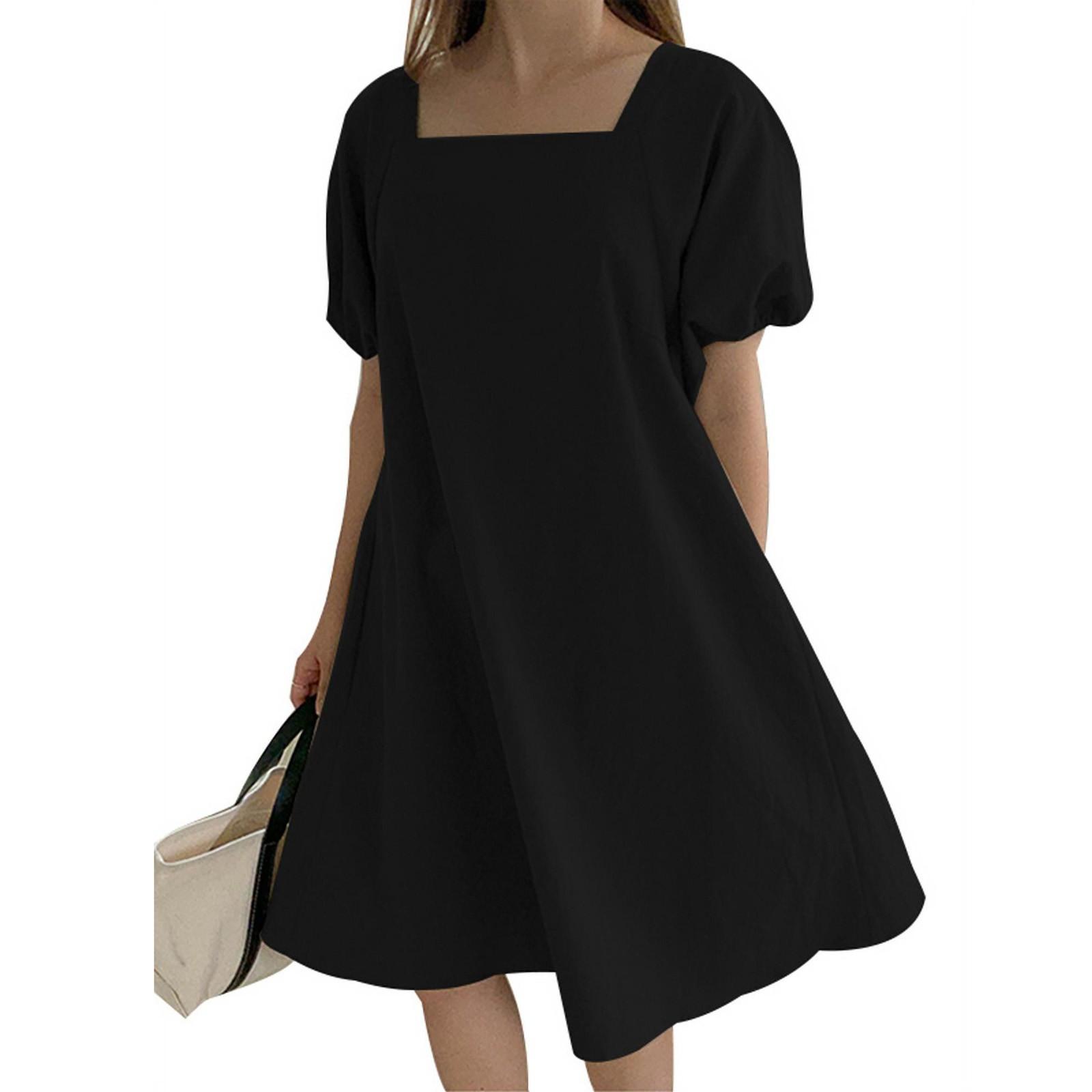 

Женское повседневное платье с пышными рукавами и эластичными манжетами с квадратным воротником L чёрный