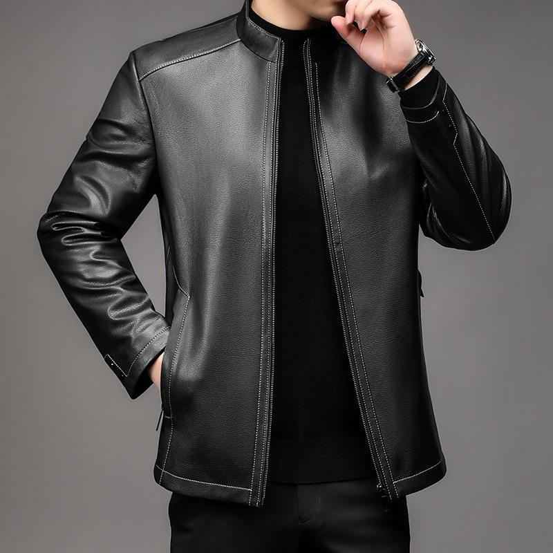 Spring and Autumn Thin Genuine Leather Jacket Men's Slim Short Stand Collar Leather Jacket Middle-aged Men's Genuine Leather Jacket