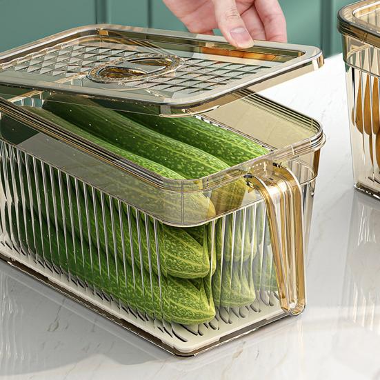 Refrigerator Storage Box with Lid And Handle Built-in Drain Partition Transparent Container for Fruits Vegetables
