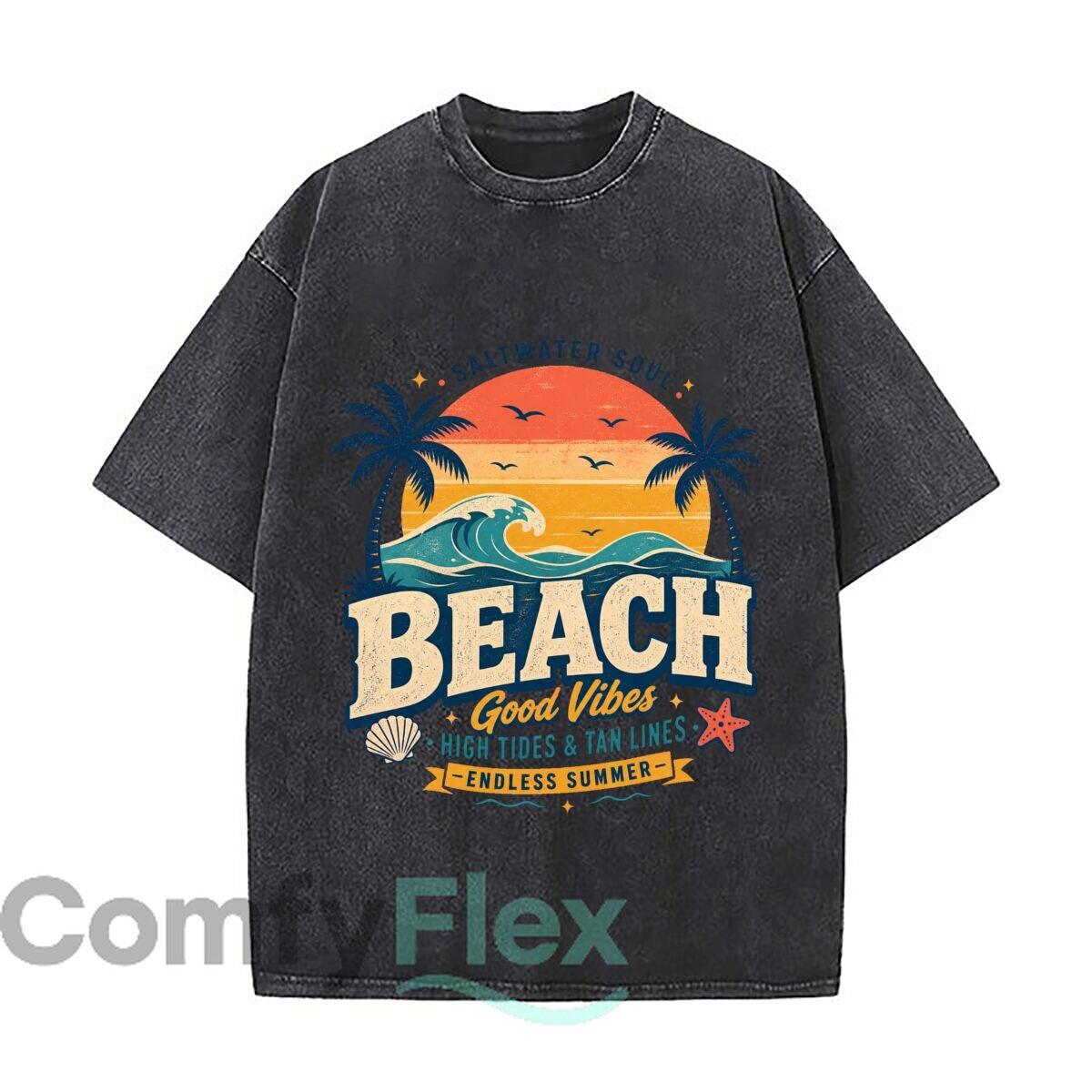 Retro Sunset Coast Escape Lettering Daily Commute Vintage Distressed T Shirt Loose Washed Sleeve M