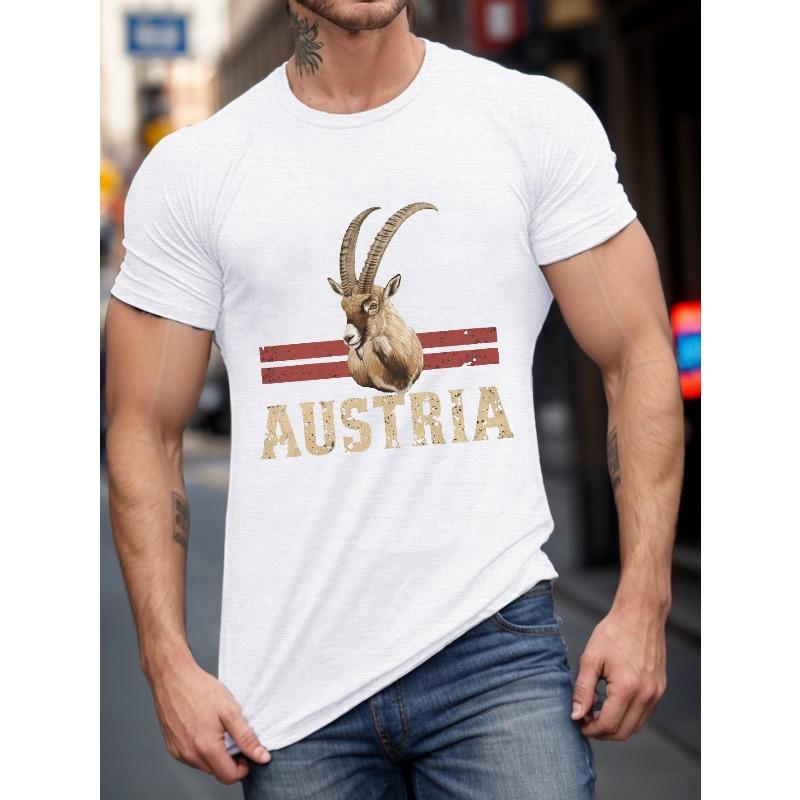 

European sizes Men s Summer T-shirt, Ibex with AUSTRIA Text Graphic Print Short Sleeve Tees Trend Casual Tops for Daily Life, Big & Tall Guys 2XL белый