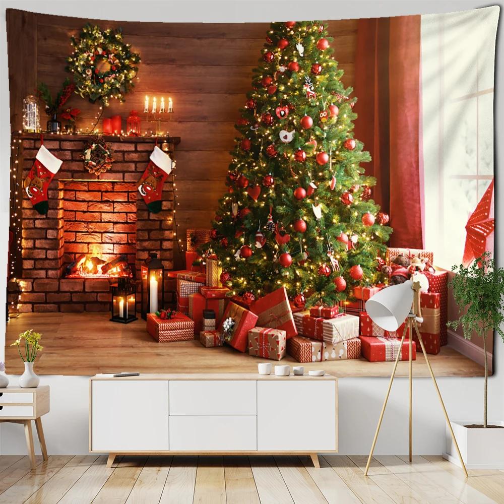 Neon Fireplace Tapestry Wall Hanging Christmas Tree Gift Socks New Year Atmosphere Background Cloth Witchcraft Home Decor