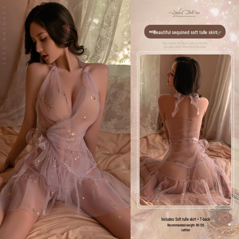 

Кружевной хальтер-ночная сорочка цвета мяты с блестящими пайетками One Size