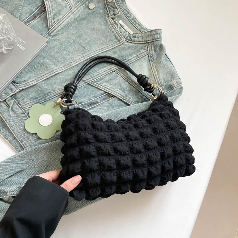 Women's Bubble Texture Round Cylinder Bag, Korean Style Floral Shoulder Handbag, Soft Lunch Tote with Zipper Closure