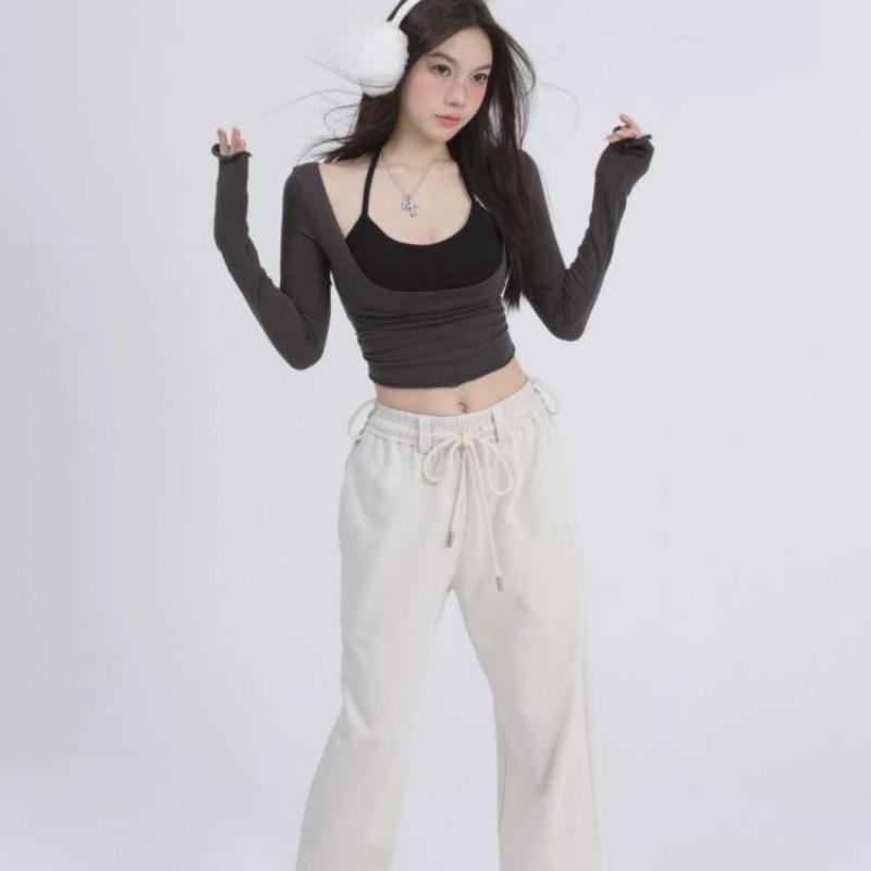 2KWEIRD Set Două Piese Estetică Y2k Harajuku Tricouri Halter Mânecă Lungă Tricouri Femme All Match Top Patchwork cu Bretele Spaghetti Femei