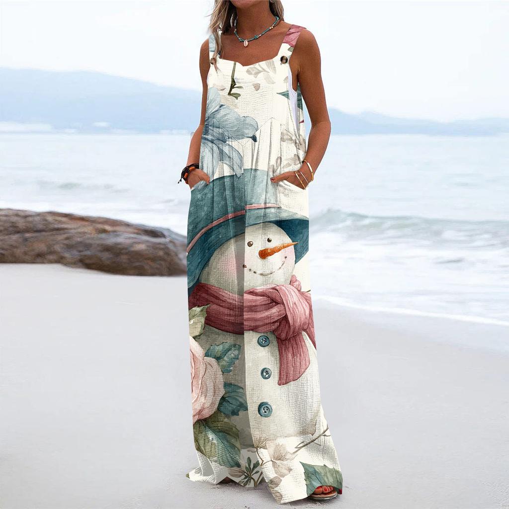 Women's Christmas Print Solid Wide Leg Strapless Tank Pocket Casual Onesie
