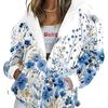 Camisa con capucha y cremallera para mujer con elegante estampado floral azul, estilo fresco y elegante. Mezcla de Poliéster y Spandex Elástico, Tecnología de Tejido