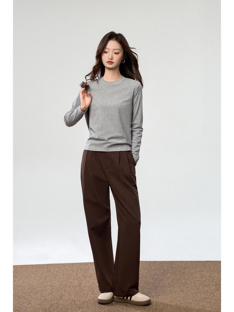 Damski Luźny Bawełniany T-shirt z Długim Rękawem w Kolorze Różowym, Półwysoki Okrągły Dekolt