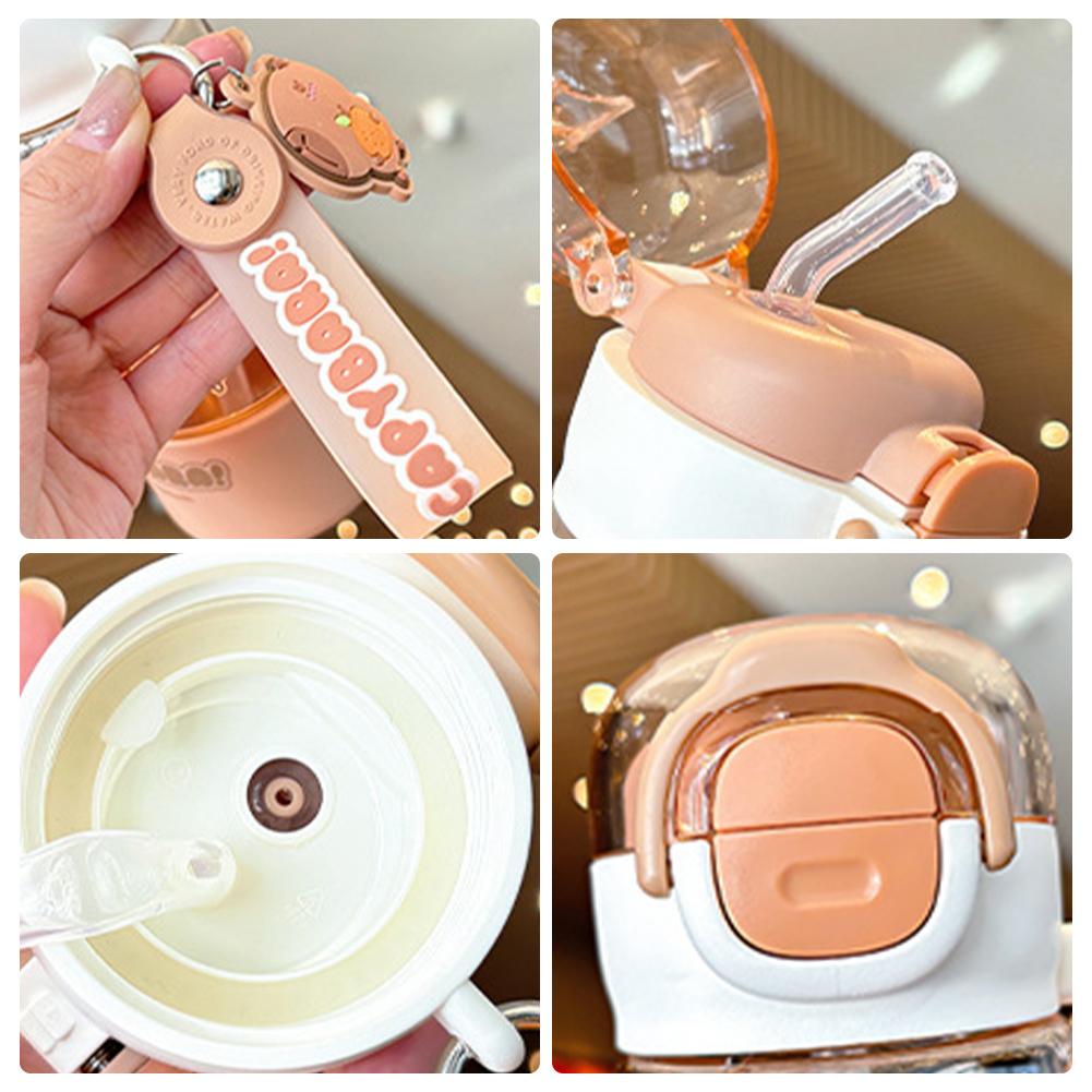 Cartoon Capybara Plastic Kapibara Cup & Straw and Portable Strap Portable Drinking Bottles School Work Travel Going Out Supplies