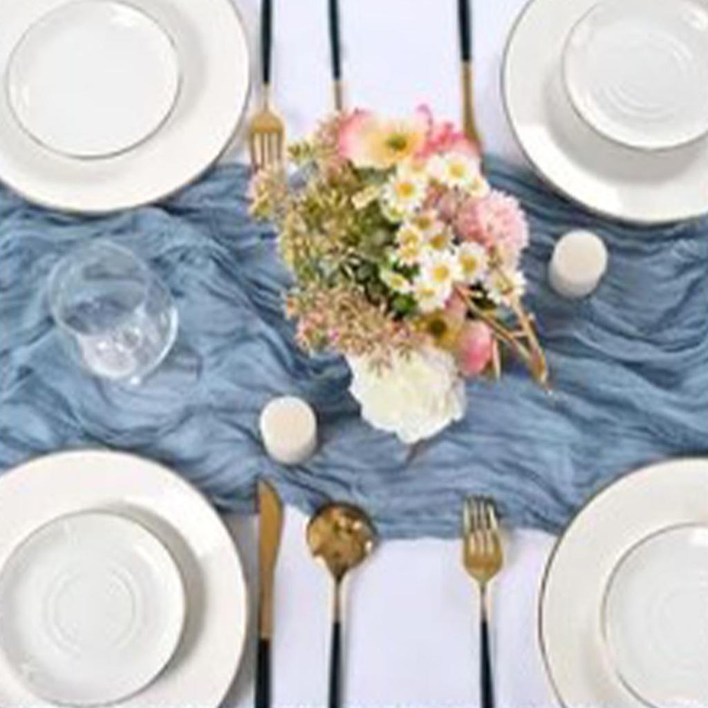 Bohemian Style Table Runner Blue Polyester Table Cloth Gauze for Wedding Candlelight Dinner