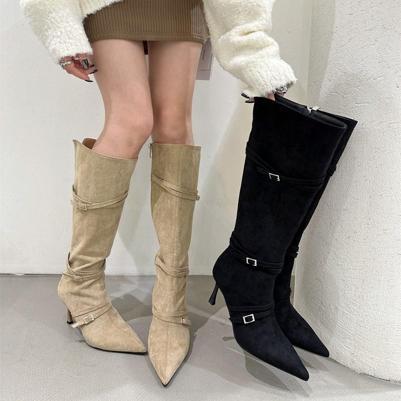 

Модные изящные ботинки осень и зима тонкие ремешки острый носок замшевые тонкий каблук высокие ботфорты но до колена каблуки женская обувь 39 хаки