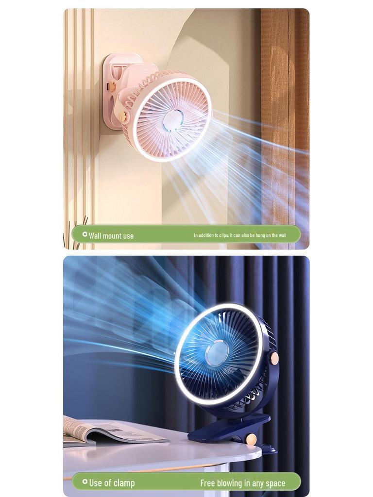 Rechargeable USB Clip Fan with Desk Lamp - Large Battery, Portable for Student Dormitories