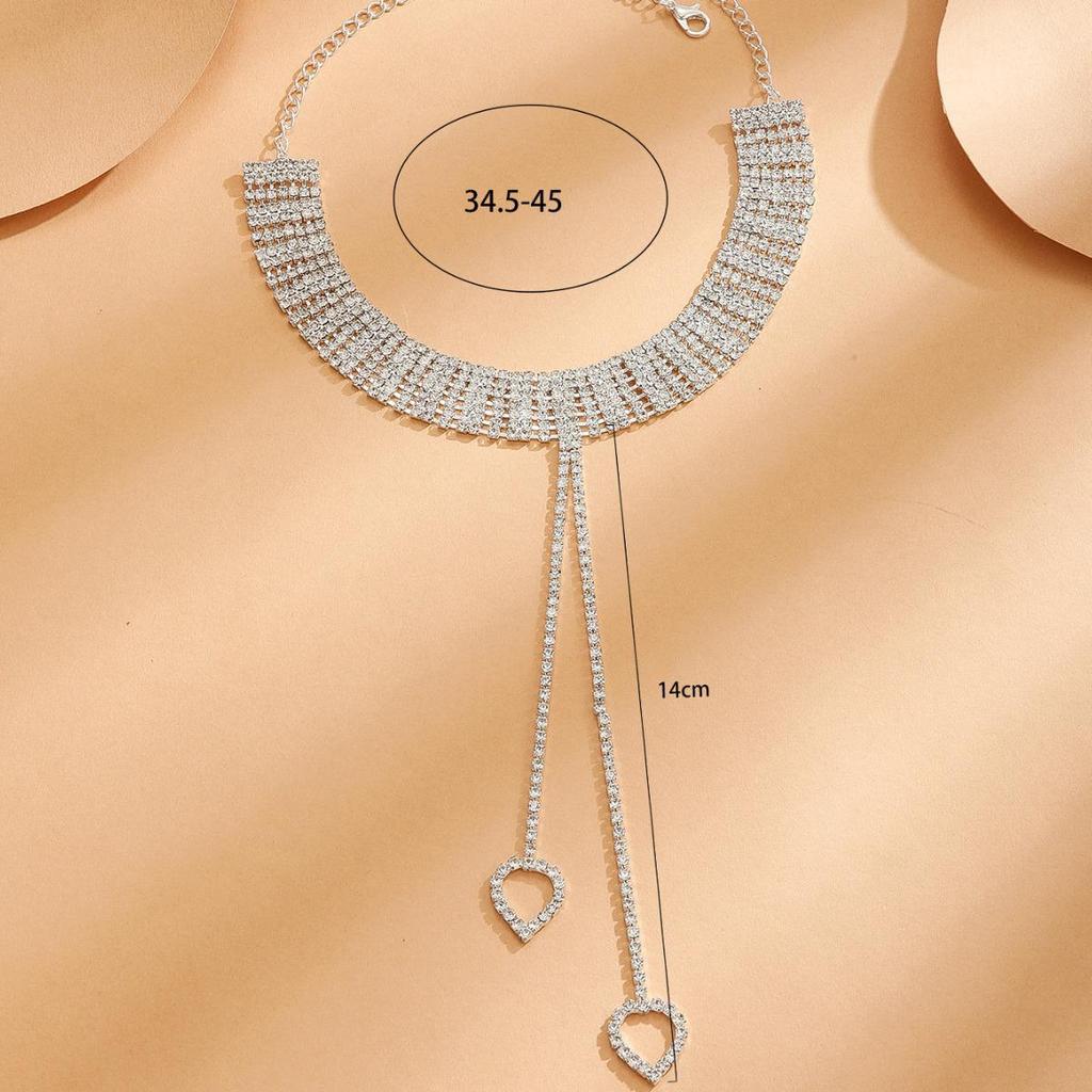 Heart-Shaped Pendant Diamond Necklace with Rhinestones - Elegant Bridal Half-Circle Design