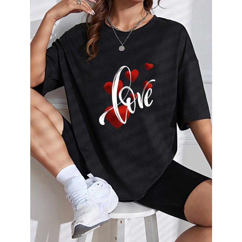 White Crew Neck T Shirt With Red Hearts And Love Text For Valentine's Day And Romantic Occasions