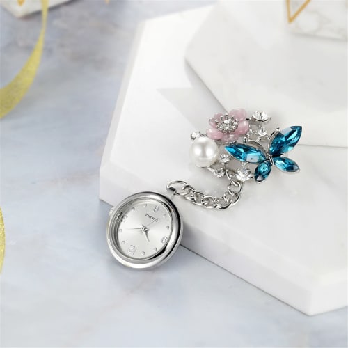 Lancardo Nurse Watch, Butterfly and Petal Design, Pocket Watch with Clip, Women's Analog Watch, Blue, Gift