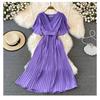 Summer new V-neck short-sleeved dress over the knee slim-fitting pleated temperament lady waist lace-up big pendulum mid-length dress