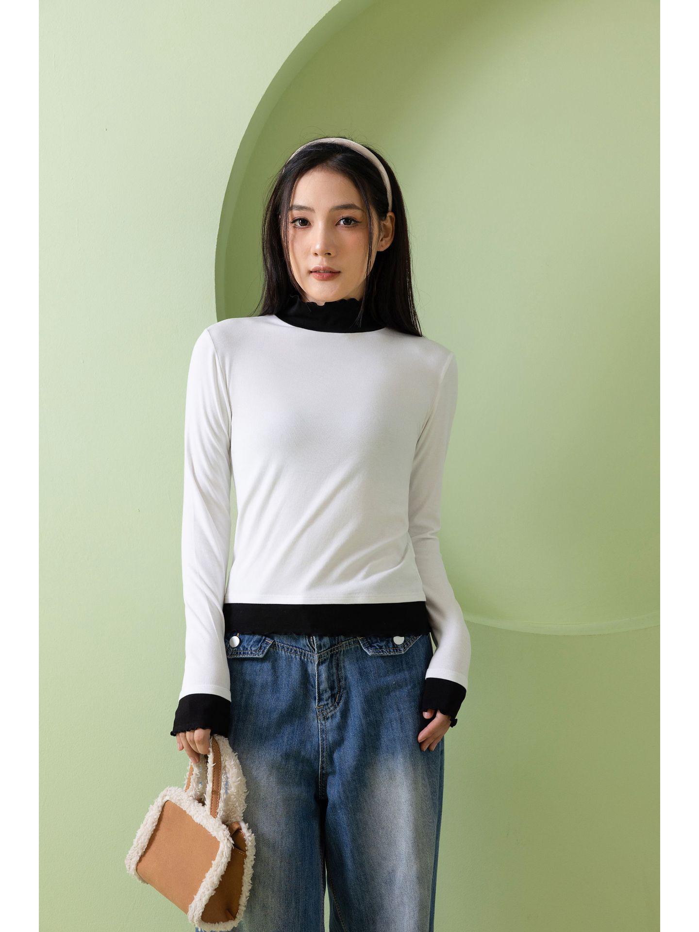 

Patchwork Color Block Ruffle Long Sleeve Slim Fit Semi-High Neck Women s Top XL (115-140 lbs)