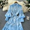 French Vintage Summer Autumn Stand Collar Long Lantern Sleeve Print Long Maxi Dress for Women