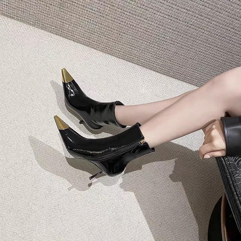 Women Pointed Stiletto Heel Ankle Boots 2025 New European Style Metal Toe Black Gold Sexy Boots