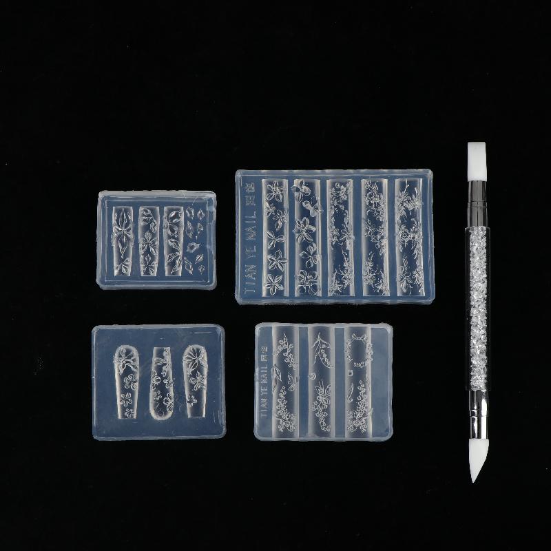 4pcs Relief Lily Flowers Nail Carving Mold 3D Silicone Hibiscus Flowers Petals Modeling Templates With Carving Pen Nail Tools