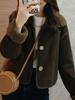 2025 Women's Coffee Color Lapel Suede-Leather Lambswool Coat - Velvet Lined, Thick, Short Winter Jacket