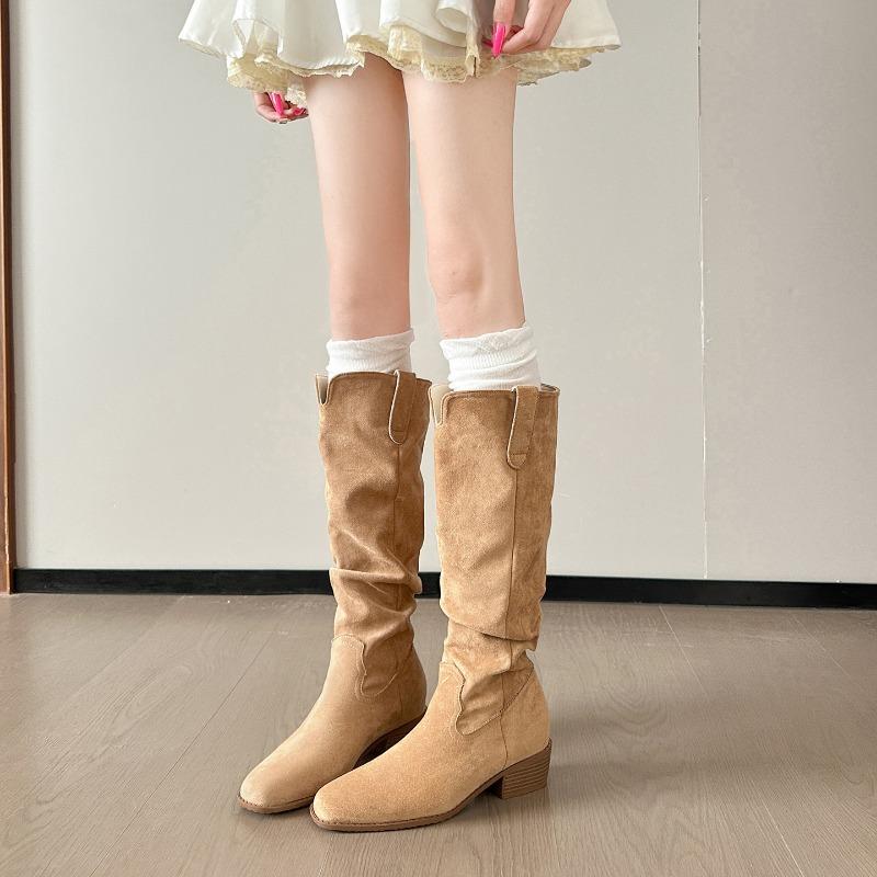 New Retro Coffee Stacking Boots Western Cowboy Boots Medium Tube Women's Boots Small Inner Height Increasing Fashion Boots
