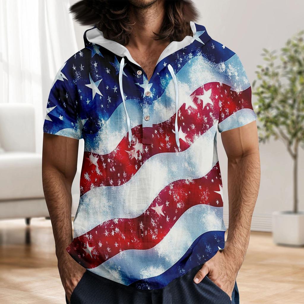 Pánské ležérní tričko s krátkým rukávem a kapucí, s rozhalenkou na knoflíky