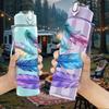 1PC Multicolor Soft Feather Art Print 750ml Color Plastic Sports Water Bottle Leakproof Flip Straw Lid Suitable for Sports Office Home Use