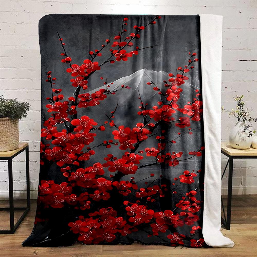 Red Blossom with Mountain Backdrop Patterned Flannel Blanket Perfect for the Bedroom Living Room, Sofa, or a Little Nap