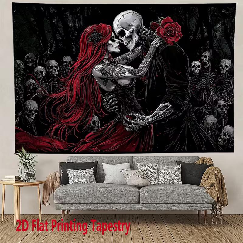 2D Halloween Skeleton Dance Tapestry Black Red Gothic Wall Art Decor 47.2x31.5inch/120*80cm