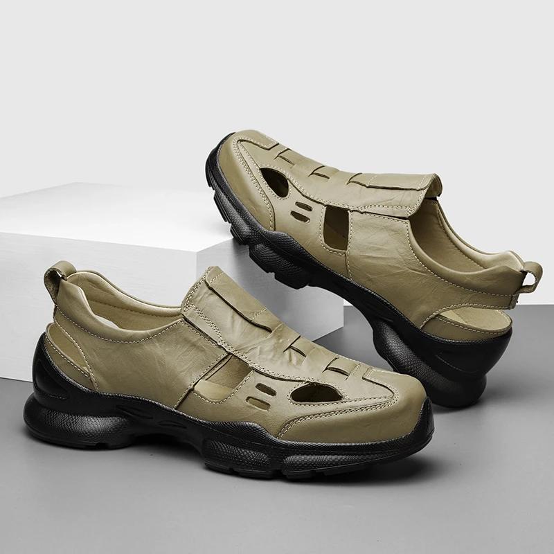 Fashion Men Summer Casual Shoes Genuine Leather Fashion Sandals Breathable Outdoor Sandalias Man Anti-collision Lace-Up Shoes Sneakers