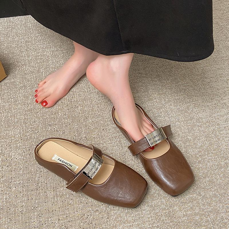 Mary Jane Bag Head Half Slippers Women's Outer Wear 2025 Spring and Autumn New Flat Bottom One Pedal Shoes Single Shoes