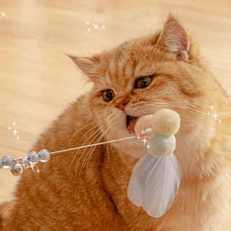 Simulation Feather Interactive Cat Toy Satin Ribbon Bell Cat Stick Toys Kitten Playing Teaser Wand Supplies Accessories