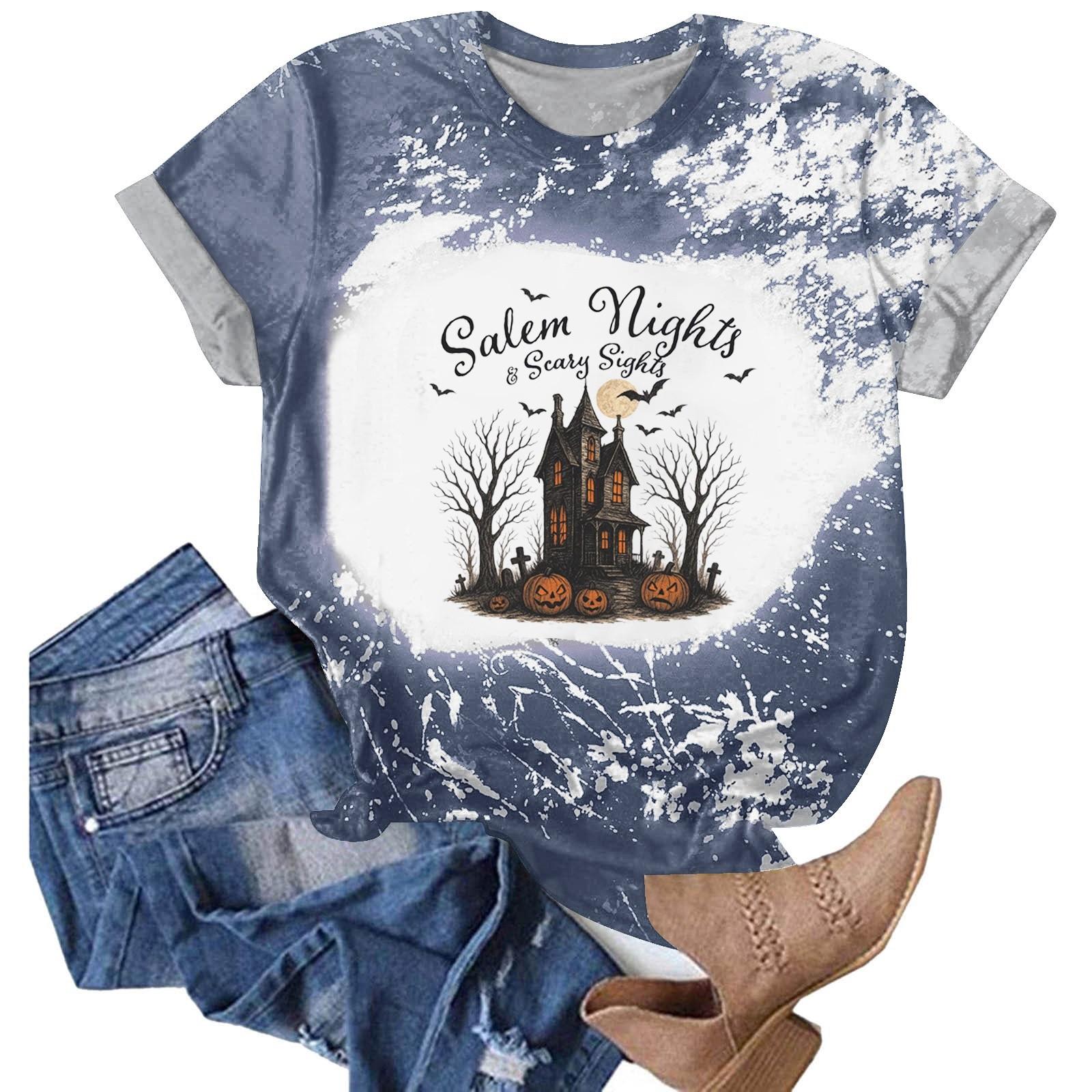 

Хэллоуинские футболки для женщин Милая футболка Осенняя футболка Градиентные графические футболки Повседневные топы с коротким рукавом S синий