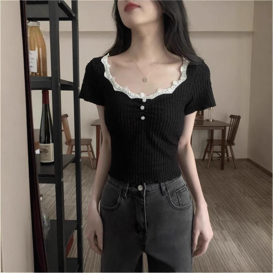 

Korean Lace Trim Patchwork Slim Fit Short Sleeve Top for Women - Summer Trend One Size [Recommended for up to 125 lbs]