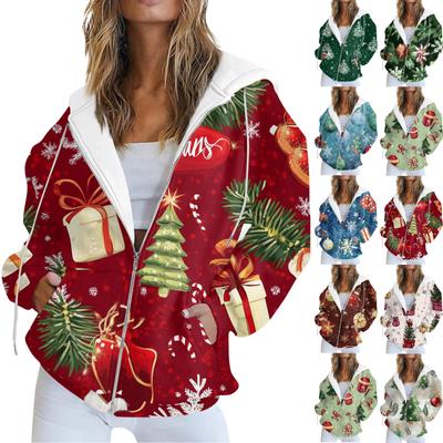 Women's Casual Christmas Printed Sweatshirt Autumn And Winter Long Sleeved Sweatshirt With Pocket Zipper Hooded Jacket