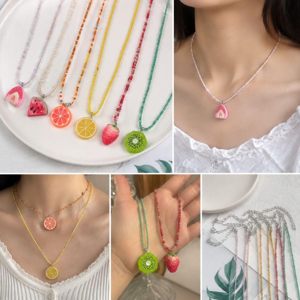 Rice Beads Fruit Pendant Necklace Bohemian Summer Necklace Cute Rice Beads Choker  Summer Wear