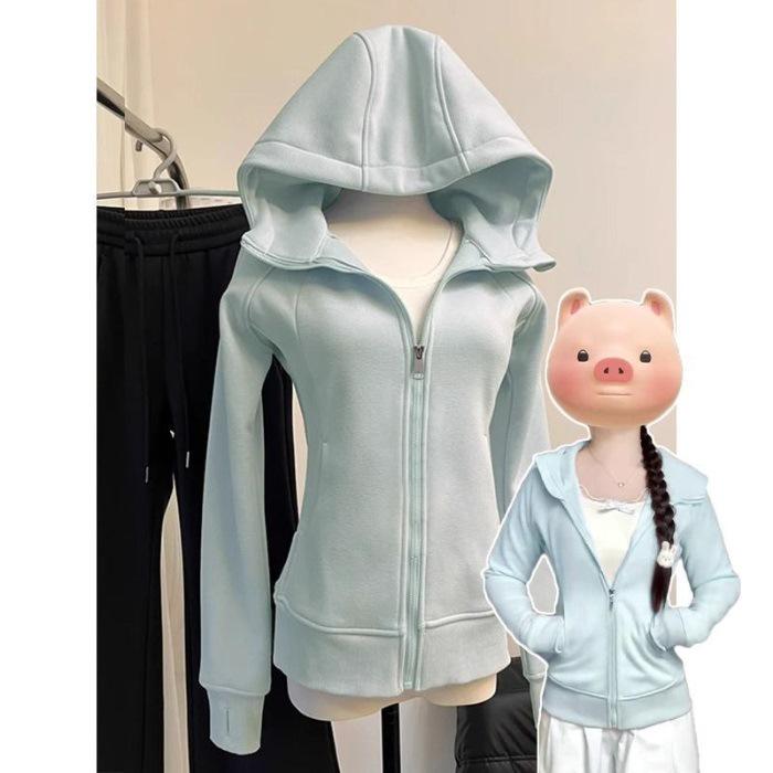 Spot Black Slim Fit Waist-Cinched Hooded Sweatshirt for Women, Autumn New Style, Slimming & Versatile Fall Wear.